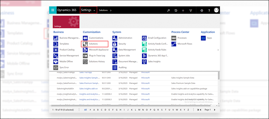 Click on Settings Select Solutions